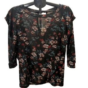 Free People Sheer Floral Blouse‎ Black Red Blue Boho Romantic Ruffle Top Sz M